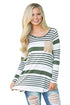 Sexy Olive Striped Patch Elbow Raglan Blouse